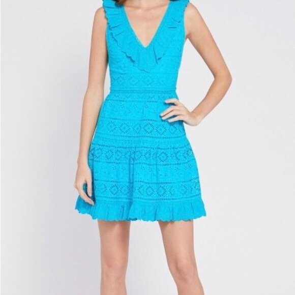 Alice + Olivia Ruffled Eyelet Mini Dress Sleeveless Size 10 in Marine Blue NWT